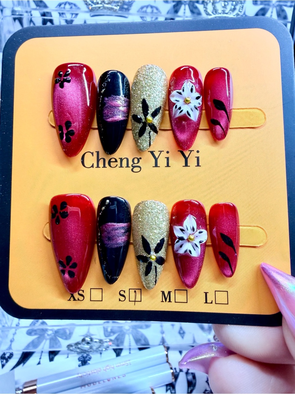 Red, Black & Gold Floral Press-On Nail Set